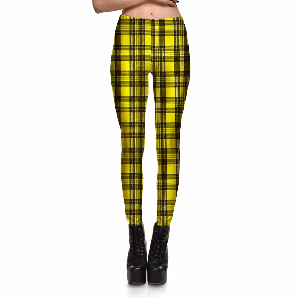 Модные женские обтягивающие леггинсы с желтым принтом в клетку удобные штаны