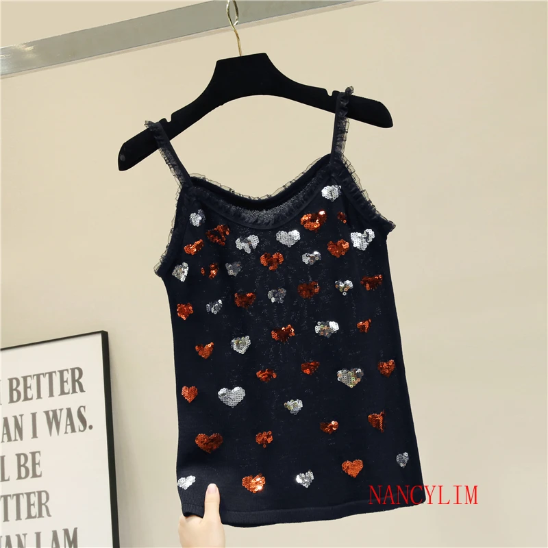 New Knit Sequins Small-strap Vest 2019 Summer Outside Sexy Camisole Top Women's Slim Lover Seuiqn Black Knitted Camisoles Tanks