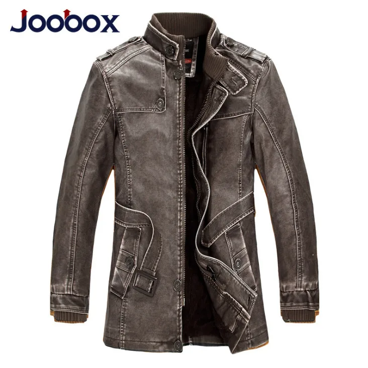 

JOOBOX Leather Jacket Men Autumn Winter Adjustable Waist England Style Motorcycle Leather Jacket Men Long Windbreaker Coat