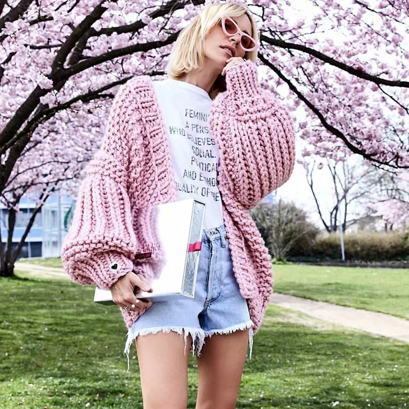 Само Duna осень зима ручной вязки кардиган теплый толстый свитер пальто Pull Femme милый трикотажный розовый женский свитер джемпер
