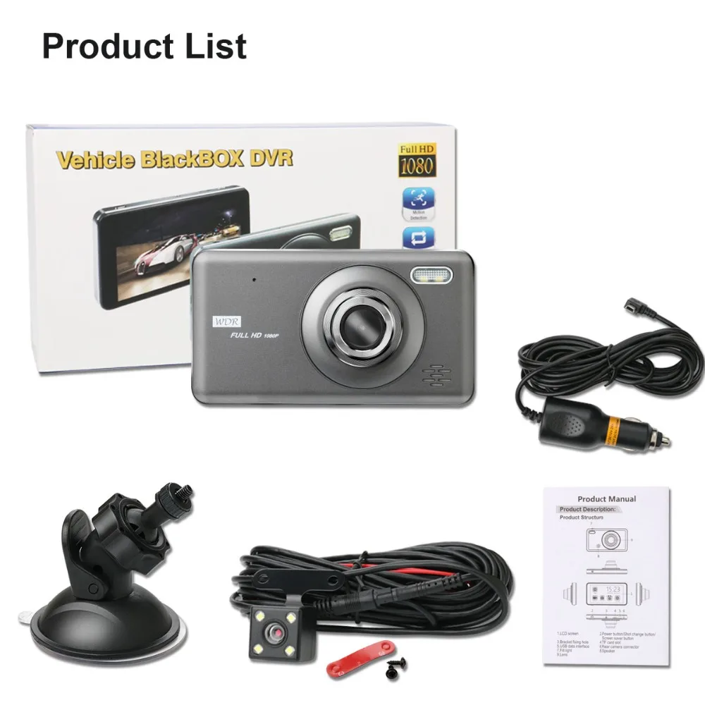 Видеорегистратор FHD 1080P с двумя объективами 4 дюйма сенсорный экран IPS парковочный