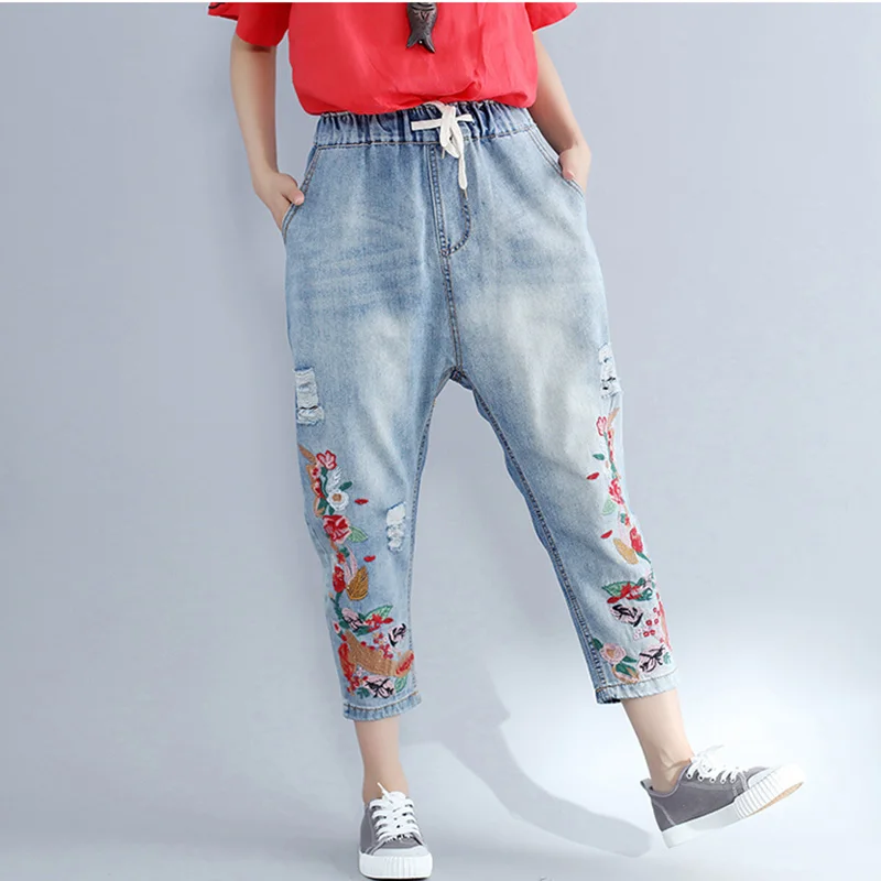 Thhone вышитые Джинсы для женщин Большие размеры промывают джинсовые штаны