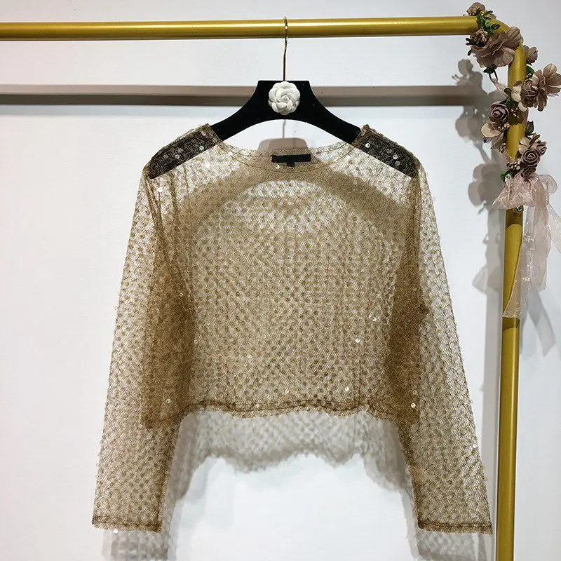 2019 летняя модная Уличная Сексуальная Прозрачная сетчатая блузка с блестками