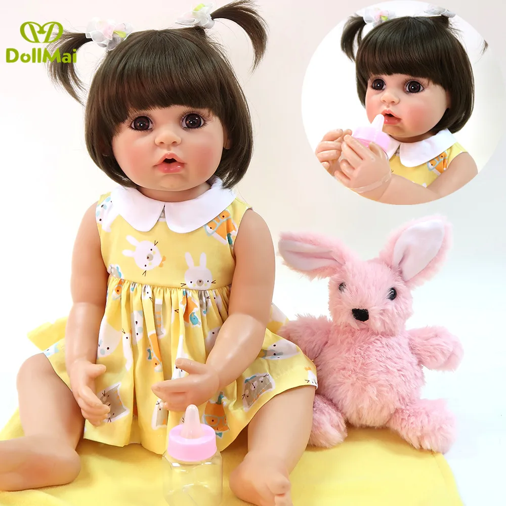 

56CM Boutique bebe reborn toddler girl doll in yellow dress full body vinyl silicone realistic baby Bath toy gift waterproof