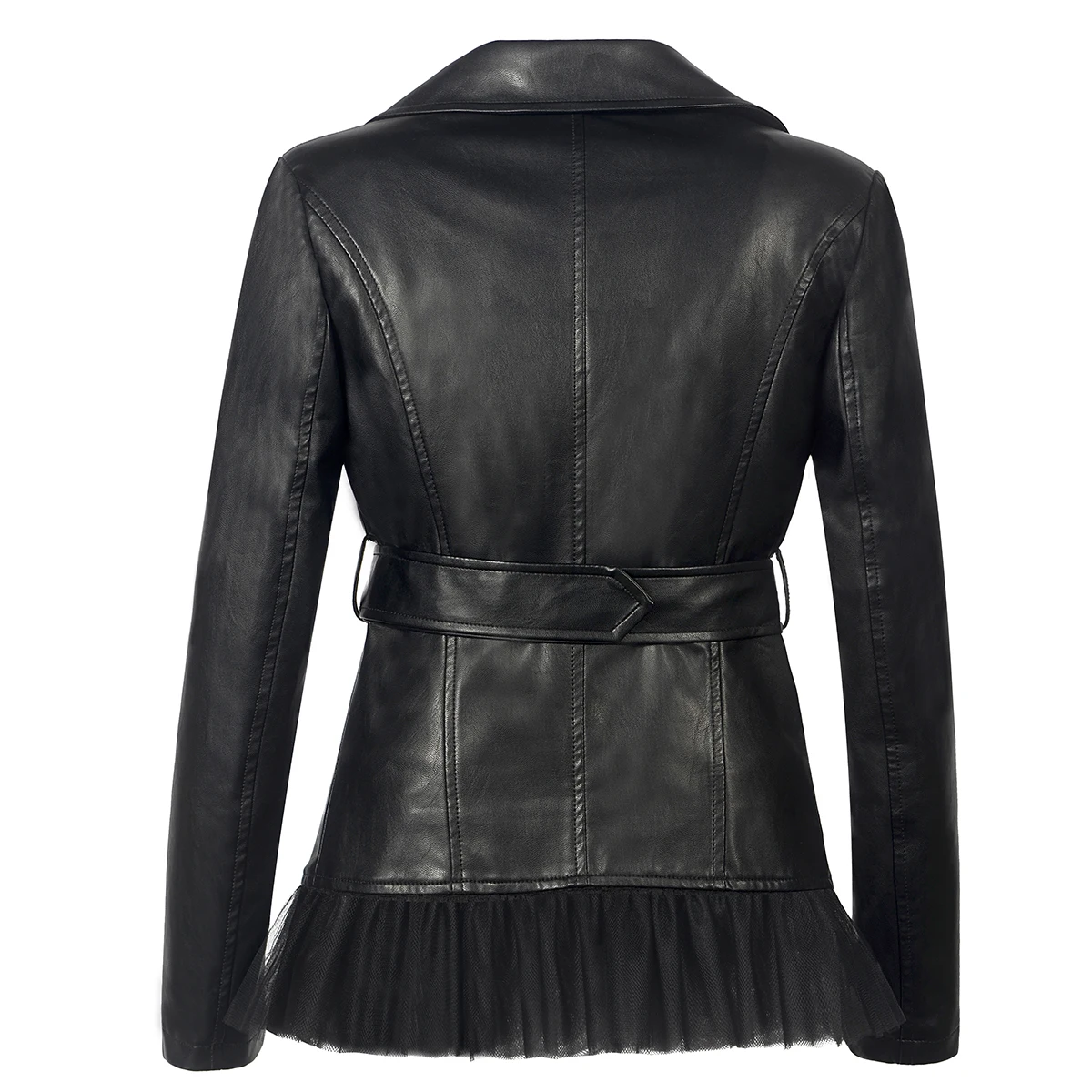 SX NEW Soft PU Faux leather Jacket Women Sashes Slim Lapel Lace zipping Beading Motocycle Coats