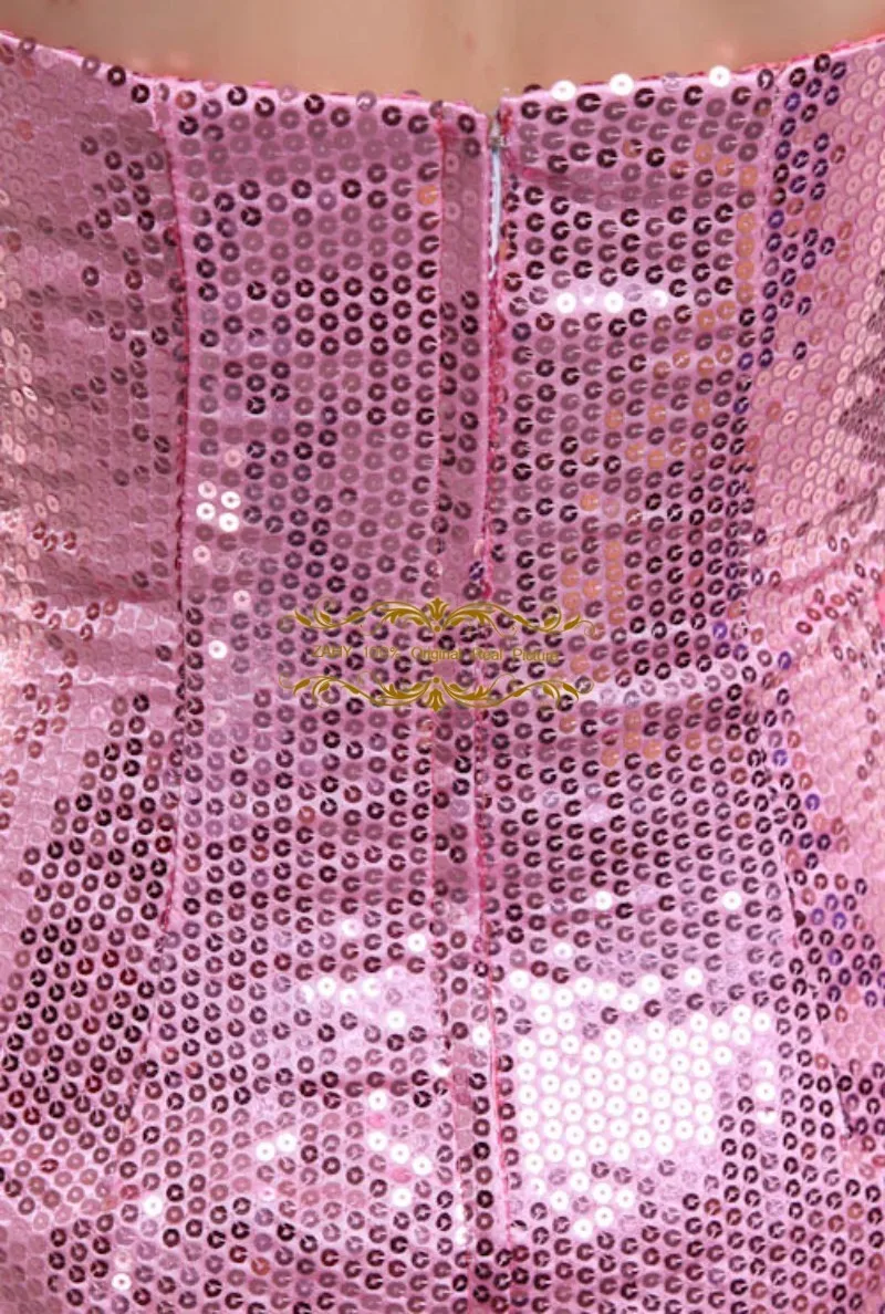 

2016 New Sexy Strapless Prom Dress Handmade Flower Zipper Back Vestido De Festa Pink Sequined Mini Short Activity Vestidos HM108
