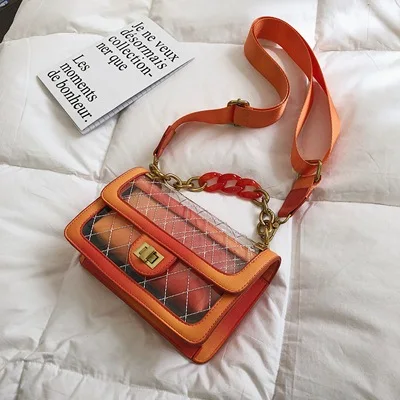 orange Прозрачная женская сумка из ПВХ кожи, однотонная цветная сумка-мессенджер, винтажная женская сумка на плечо с цепочкой, высокая сумка, сумочка, сумочка, 533 - Цвет: orange