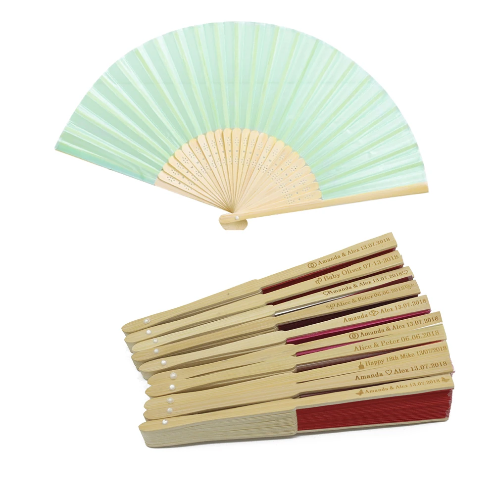 50pcs Personalized Engraved Ladies Bamboo & Silk Fan Hand Folding Fans Outdoor Dancing Wedding Party Gift Favor Baby Shower Gift