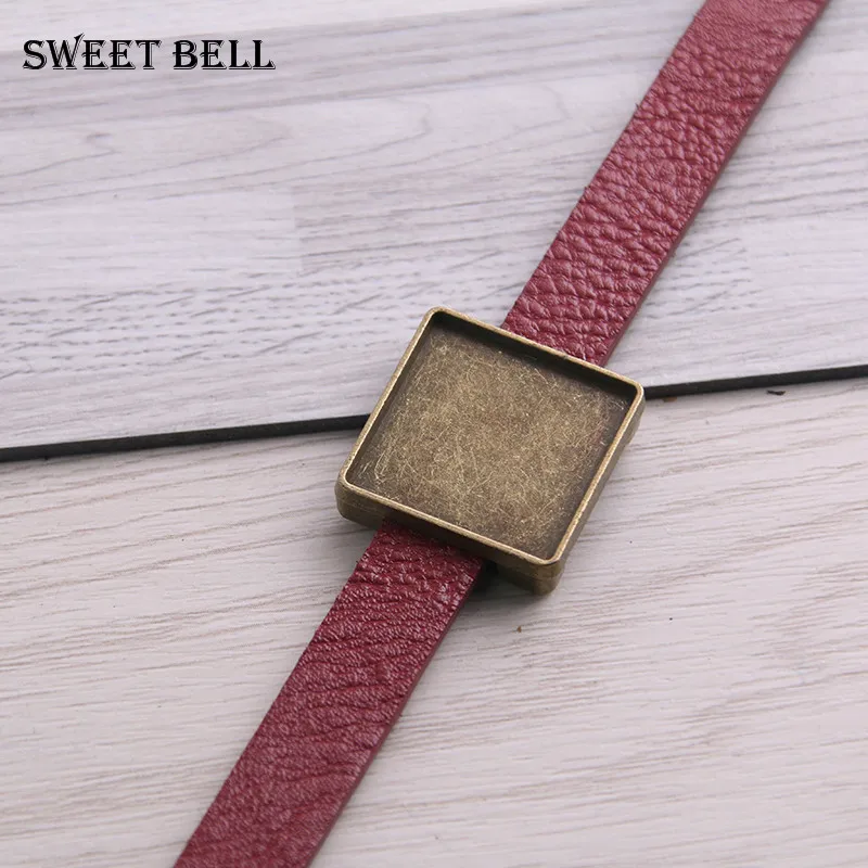 15pcs square leather slider beads two color blank 20mm cabochon setting diy bracelets making supplies hole 2.5*10mm D6425 | Украшения и