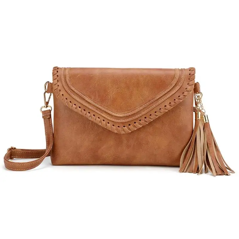 

Vintage Women Solid Color Tassel Flap Shoulder Messenger Handbags PU Leather Satchel Casual Envelope Crossbody Bags