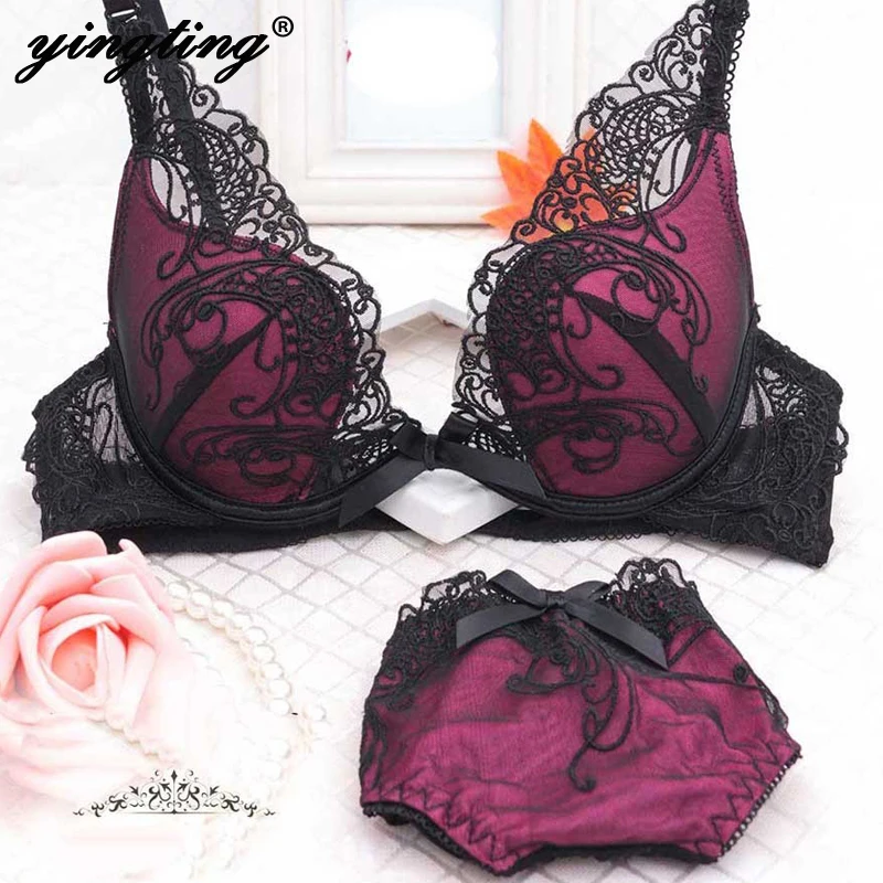Пикантные Для женщин бюстгальтер с кружевной и трусы установить Push Up Цветочные