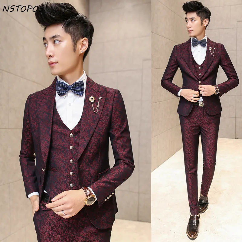 Burgundy Suits men Wedding Groom 20178 Men Flroal Suit Luxury Vintage Prom Party Printed R Jacket+vest+pant | Мужская одежда