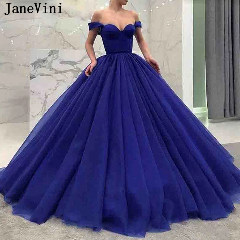 

JaneVini Charming Royal Blue Prom Dress Off Shoulder Ball Gown Floor Length Backless Tulle Plus Size Prom Dresses Vestidos Gala