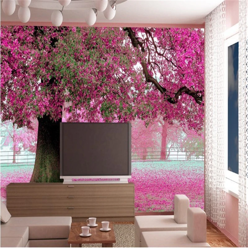 Обои для гостиной ТВ диван теплые романтические фиолетовые вишневые дерево