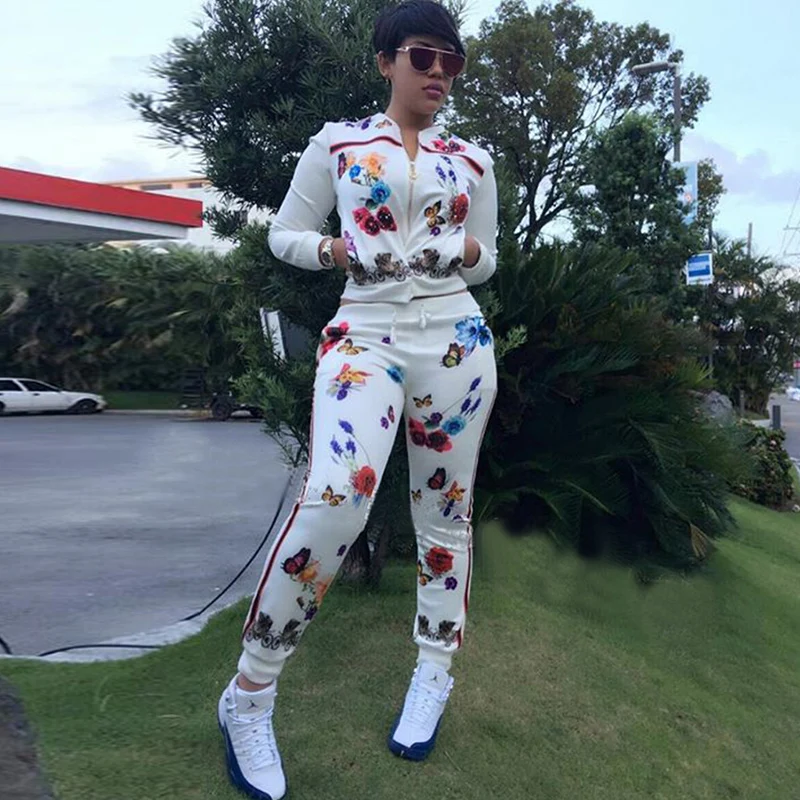 

2 Two Piece Set Print Butterfly Flower Tracksuit Runway Jacket Joggers Matching Pants Women Clothing Track Suits Winter Ensemble