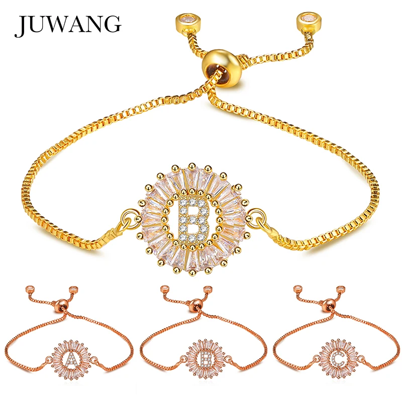 

JUWANG 26 A-Z Letters Link Bracelets For Women Cubic Zirconia Tension Setting Connector Charm Adjustable Chain Bracelets Jewelry