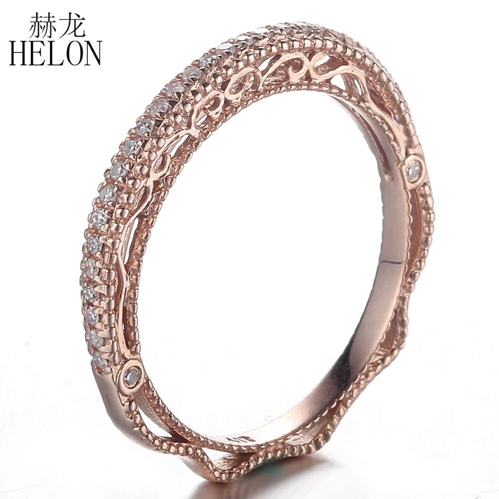 HELON Solid 14K розовое золото 0.2ct круглое натуральное кольцо с натуральными бриллиантами, обручальное женское винтажное ювелирное элегантное уникальное кольцо