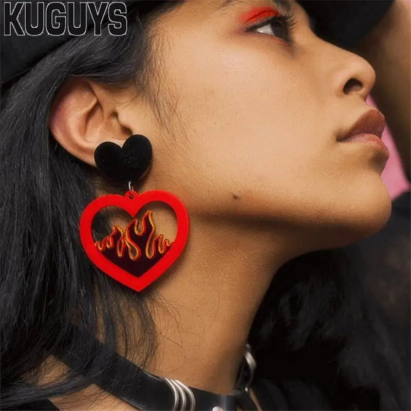 

KUGUYS Trendy Jewelry Acrylic Fire Red Heart Large Earrings for Womens Pendientes Flame Drop Earring Oorbellen Brincos