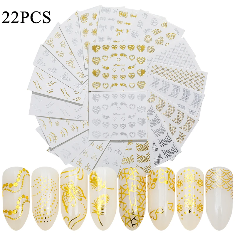 set 16 22pcs 1 Набор, смешанный дизайн, набор наклеек для ногтей, Черное кружево, золотой, серебряный блеск, цветок, водная наклейка, слайдер, обертывания, украшения для ногтей - Цвет: set 16 22pcs