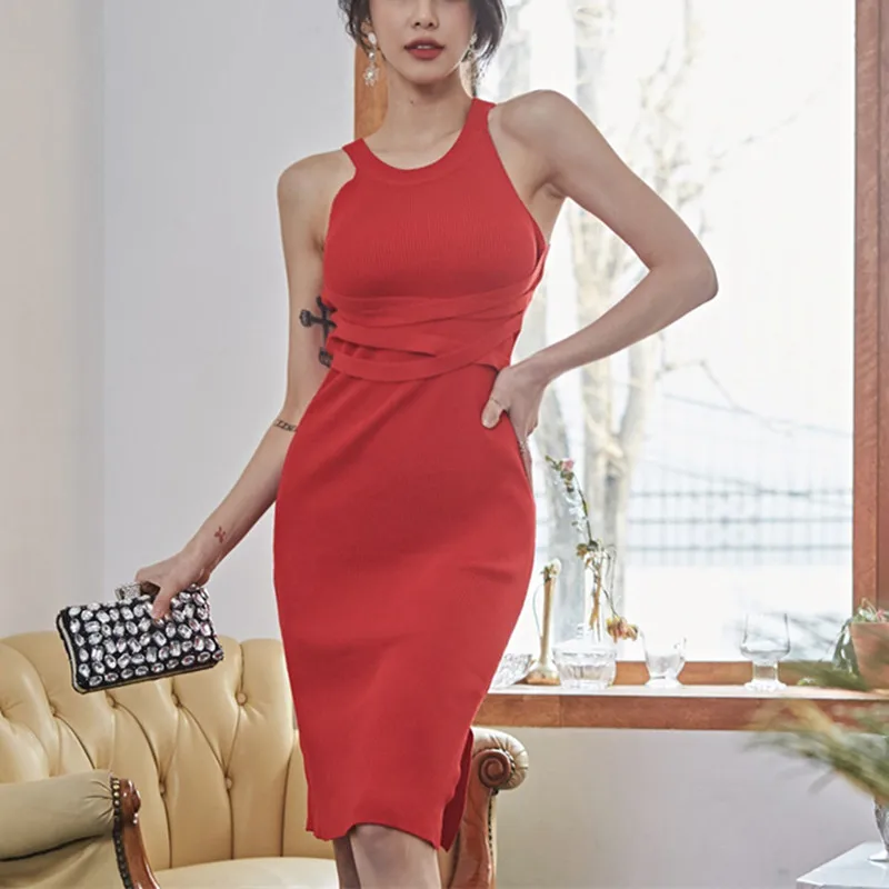 Лето 2019 для женщин пикантные красные без рукавов Холтер трикотажные Bodycon