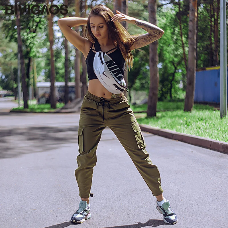 BIVIGAOS Весна модный повседневное женские брюки-карго Корейский Кнопка молния большие карманы свободные брюки для девочек дамы девятый комбинезоны Армейские брюки