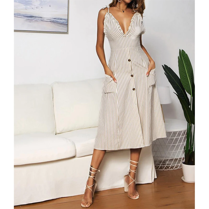 Полосатое платье 2019 летнее тонкое украшение с пуговицами глубокий v-образный