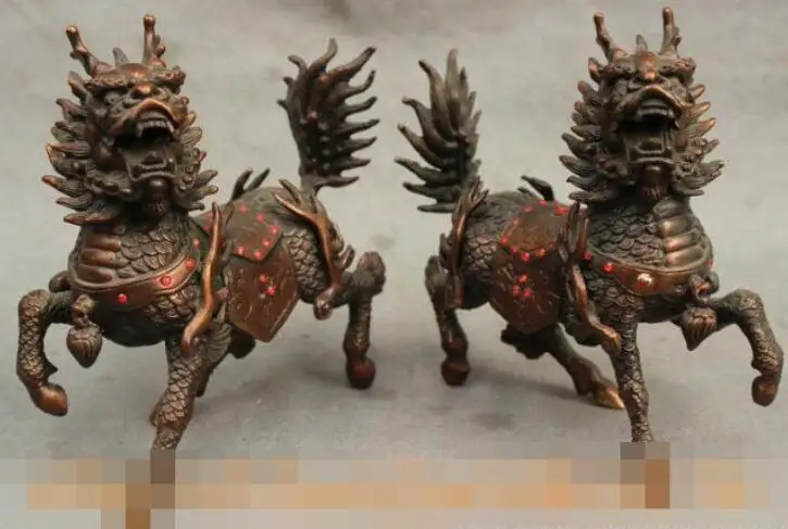 SHUN 6&quot Chinese FengShui Red Bronze Guard Dragon Kylin Unicorn Lion Beast Statue Pair | Дом и сад