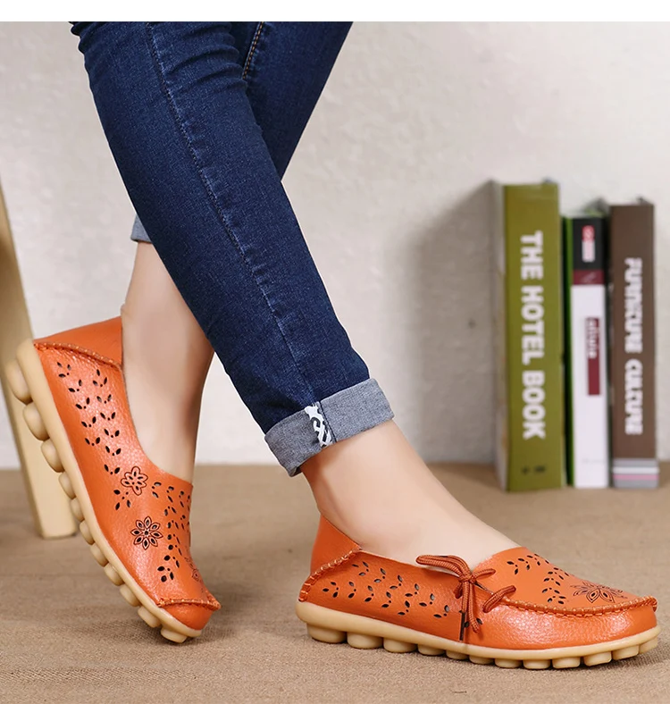Big size 34-44 spring women flats shoes women genuine leather flats ladies shoes female cutout slip on ballet flat loafers