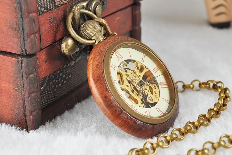 wholesale price good quality antique vintage classic gift for men wood brass case short chain mechanical pocket watch PJX1041 | Наручные