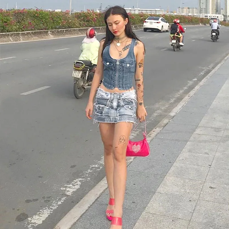 ArtSu Womens Tank Top Sleeveless Denim Sexy Blue Crop Top Femme Square Neck Fashion Streetwear Summer Tops Casual ASVE20681