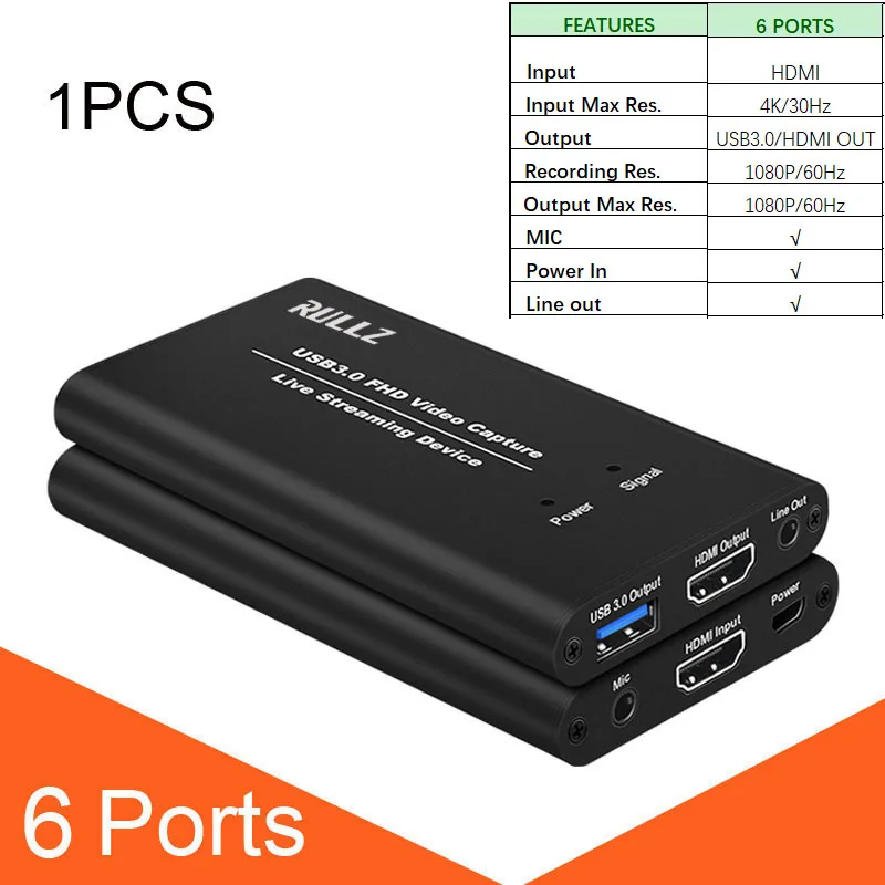Black 6 Port USB3.0 HDMI 4K 1080P 60FPS видео Захват карты игра Запись рекордер коробка USB 3,0 PC потоковое видео поток трансляции микрофона опция - Цвет: Black 6 Port