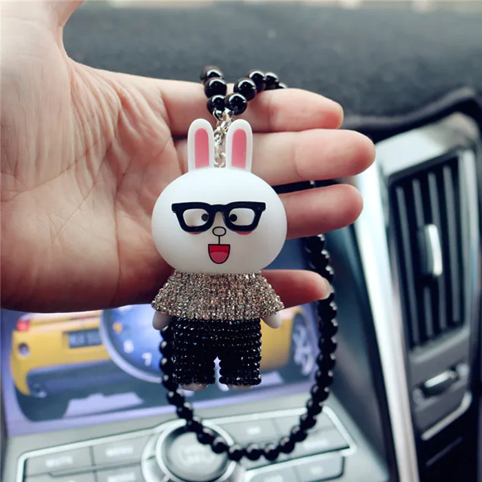 Rabbit-Black beads Автомобильный кулон Мишка со стразами очки для кукол кролик украшения Висячие украшения милые АВТОМОБИЛИ зеркало заднего вида Подвеска Декор подарок - Название цвета: Rabbit-Black beads