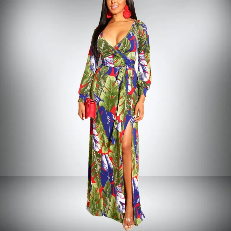 Boho V Neck Floral Printed Beach Long Dress Women Sexy Travel Split Party Bohemian Sleeve Empire Dresses | Женская одежда