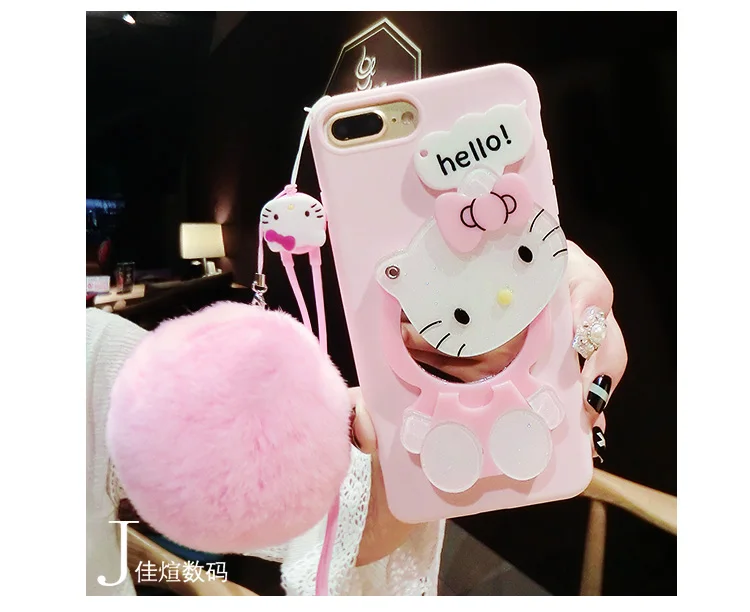 Hello kitty Cosmetic mirror TPU cases for iphone 7 7plus 6 6s plus back cover Fluffy Rex Rabbit wool ball girl tpu pink |