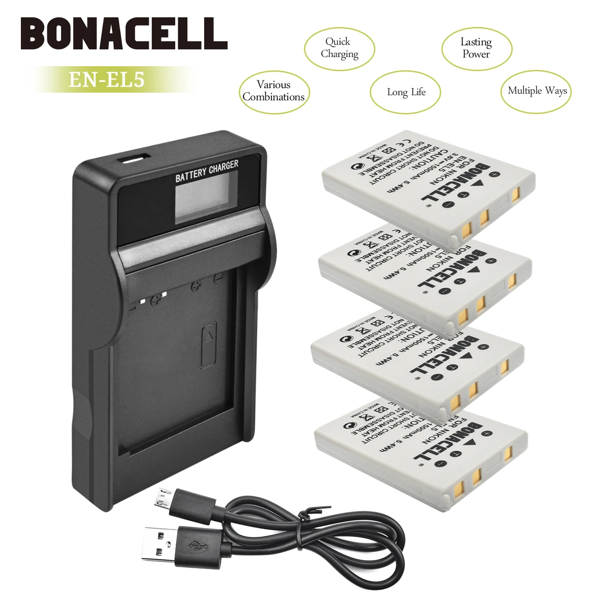 4X Battery Charger Bonacell 1500 мА/ч, EN-EL5 цифровой Камера Батарея+ ЖК-дисплей Зарядное устройство для цифровой камеры Nikon Coolpix P4 P80 P90 P100 P500 P510 P520 P530 P5000 P5100 L50 - Цвет: 4X Battery Charger