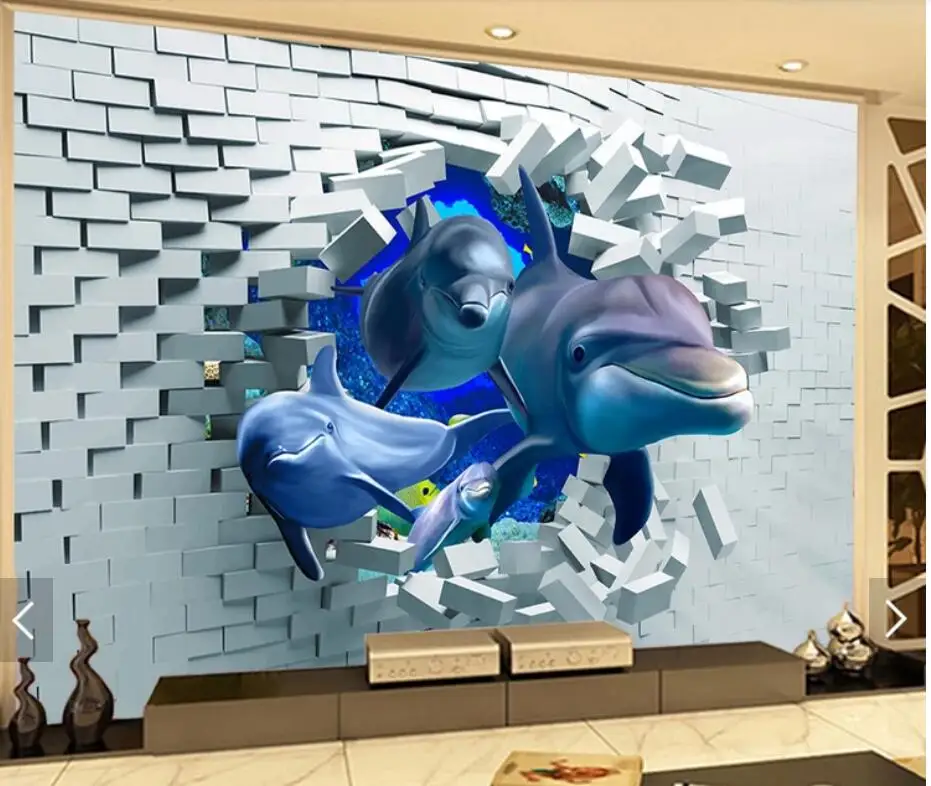3D стерео кирпичный Дельфин морской мир настенная фотобумага для гостиной
