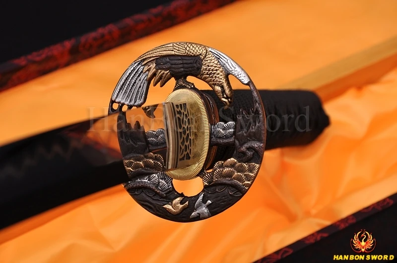 

41"CLAY TEMPERED DAMASCUS JAPANESE SAMURAI HAWK SWORD KATANA FOLDED STEEL FULL TANG BRASS TSUBA -HANBON HAND FORGED BLADE CUSTOM