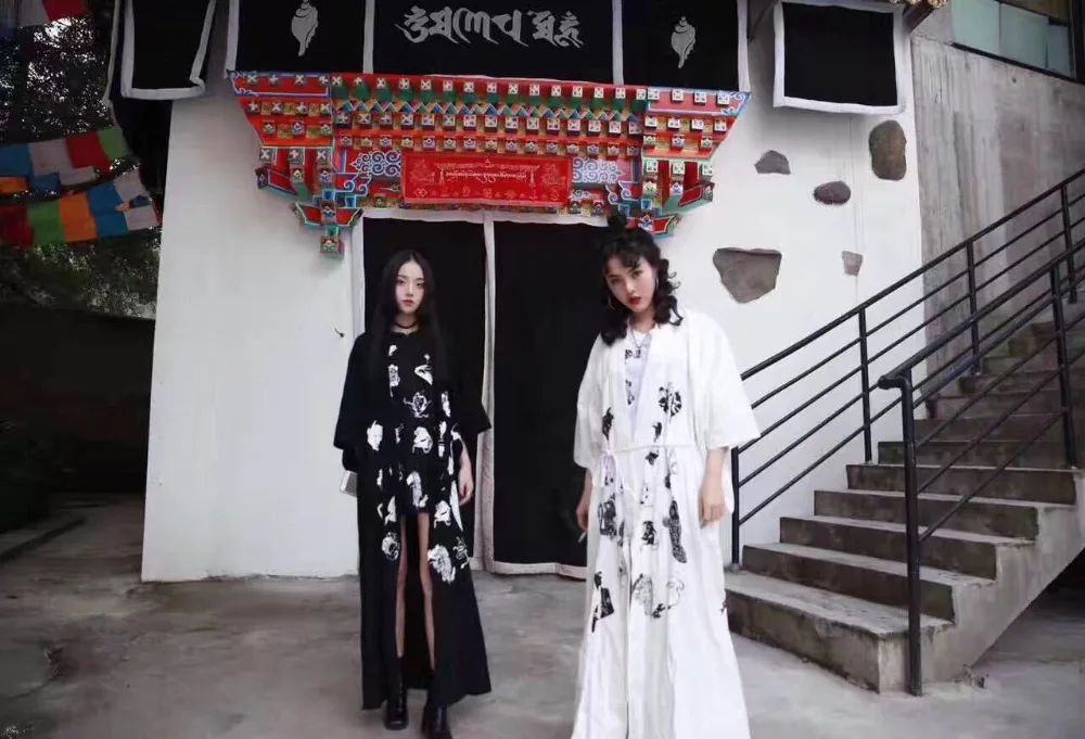 Новые японские Харадзюку бурные BF ветер ukiyo-e окрашенные монстр и ветер татуировки печати Длинные куртки типа кимоно