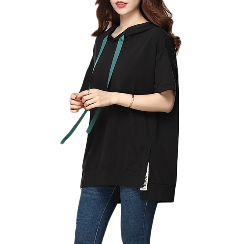 Женская свободная футболка с капюшоном темно-зеленая большого размера рукавом