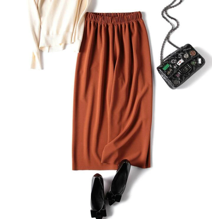 Elastic Waist Solid Culotte Loose Pants Ginger Mid Women Plain Wide Leg Trousers 2019 Spring Elegant Work Plus S-3XL | Женская одежда