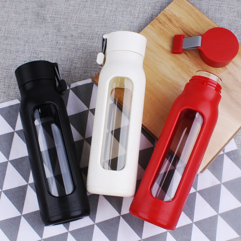 

Creative Glass water Bottle with Protective Silicone Sleeve Sports Travel Bottles Silicone Anti scald with Portable water bottle