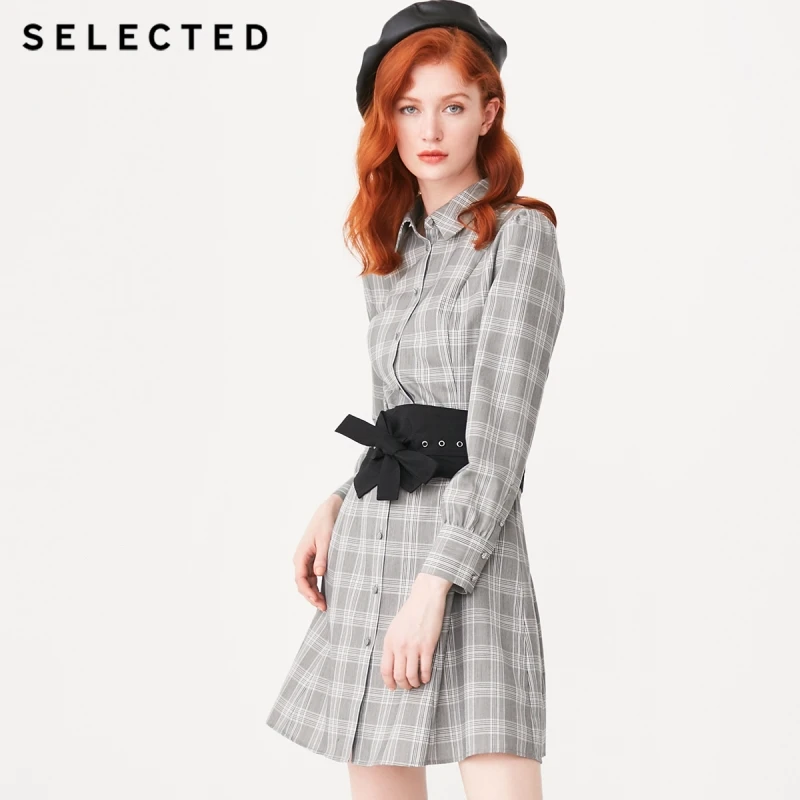 Клетчатое платье рубашка с длинными рукавами и отложным воротником на весну