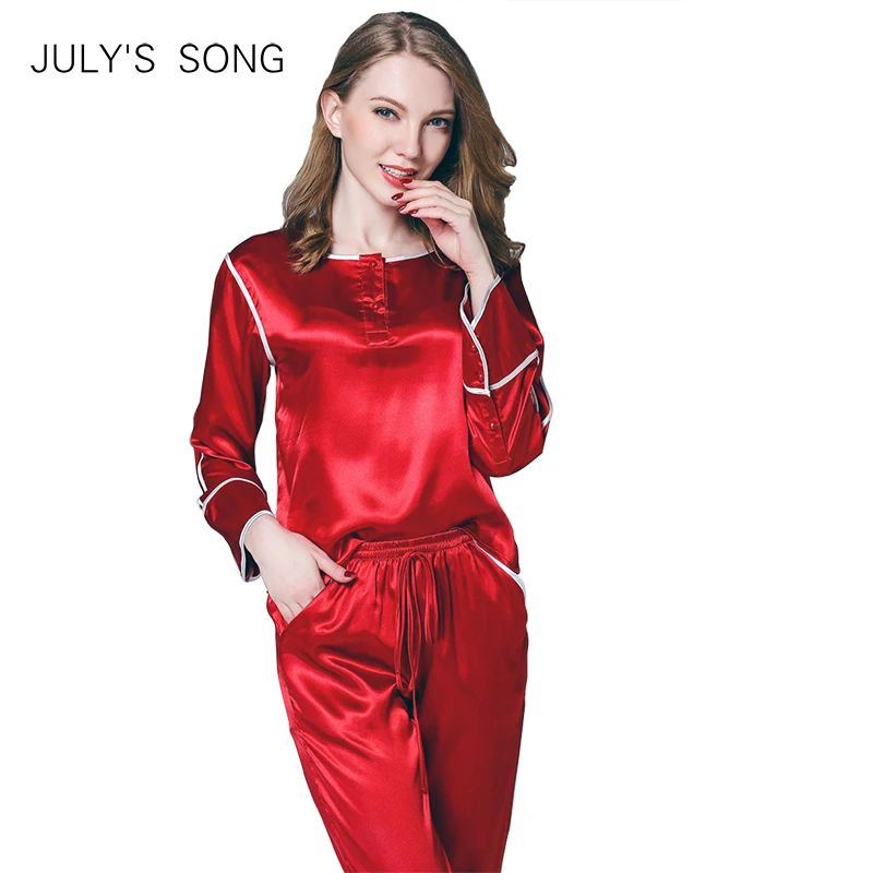 JULY'S SONG Новая модная женская пижама из искусственного шелка с длинным рукавом и штанами, комплект с пуговицами, шелковые эластичные штаны с завязками на талии, домашняя одежда