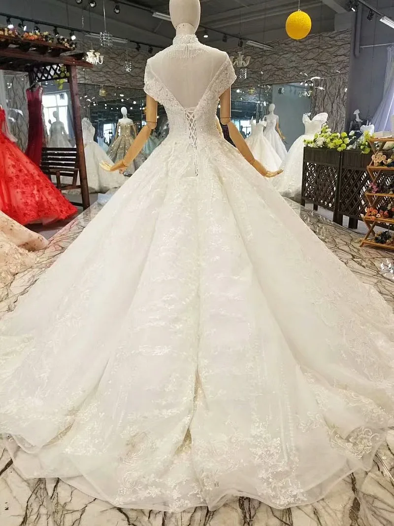 LS850011 free shipping wedding dress short sleeves high neck open keyhole back shiny ball gown count tain robe de soirée longue | Свадьбы и