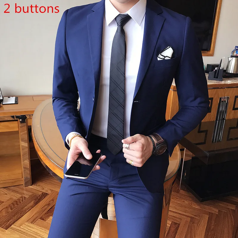 2 buttons Navy Пальто брюки) бизнес-отделка высокое качество мужские костюмы два комплекта свадьбы Повседневные Вечерние Классические Серые Костюмы Блейзер одежда - Цвет: 2 buttons Navy