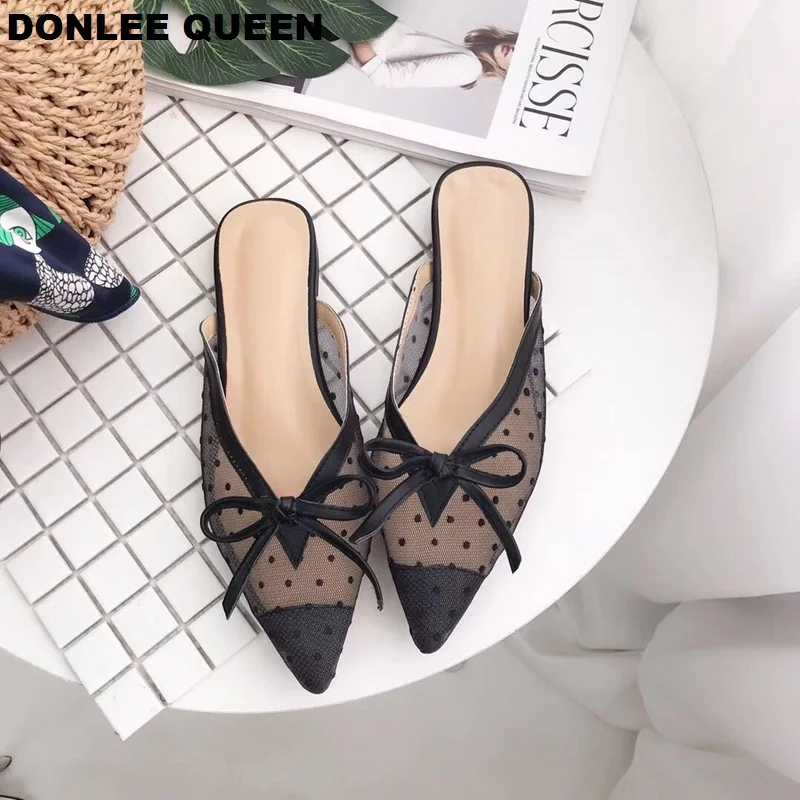 Женские шлепанцы на плоской подошве DONLEE QUEEN кружевные с острым носком в горошек