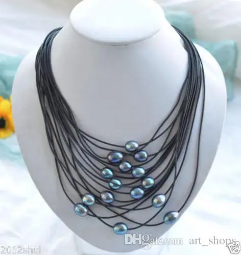 

New 15row 11-13mm Black Rice Pearl Black Leather Necklace>>> free shipping