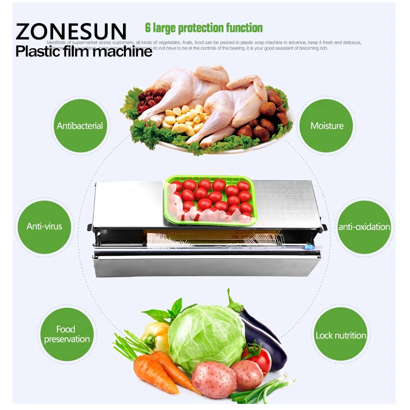 

ZONESUN Stainless steel cling film sealing machine,Food fruit vegetable fresh film wrapper, cling film sealer packaging