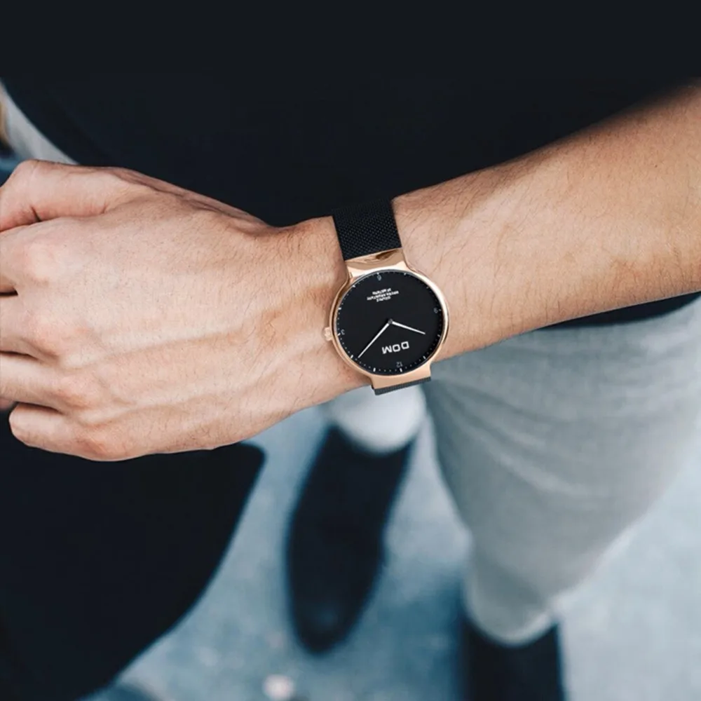 Модные мужские кварцевые часы DOM бренд Простой стиль наручные из нержавеющей