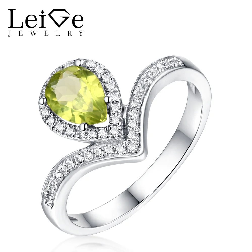 

Leige Jewelry Natural Peridot Ring August Birthstone Tear Cut Sterling 925 Silver Wedding Rings for Women Fine Gemstone
